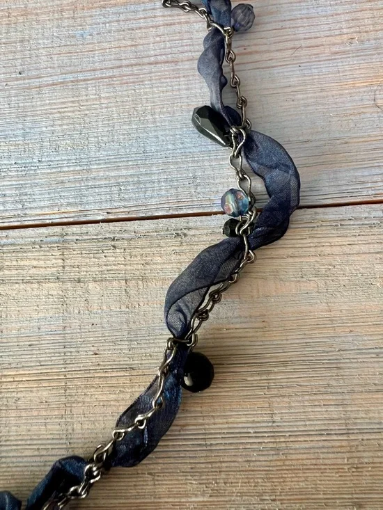 Cookie Lee Navy Ribbon Gunmetal Chain Crystal Dangle Beaded Necklace - Picture 3 of 12